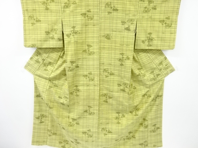 JAPANESE KIMONO / ANTIQUE KIMONO / SILK / TSUMUGI / WOVEN GRID & FAN